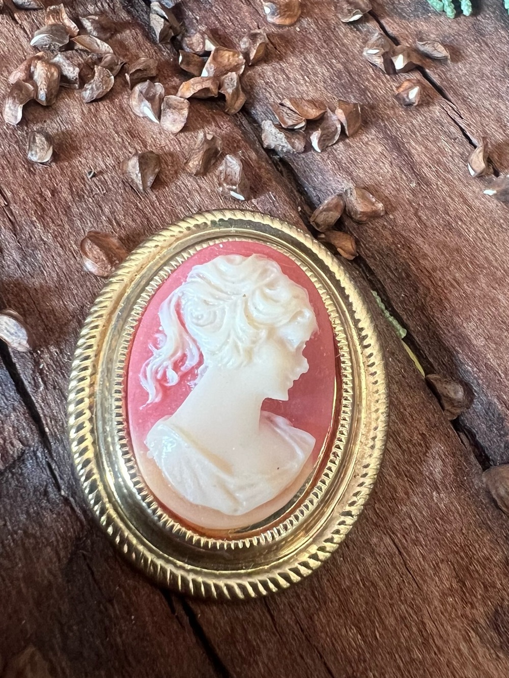 Costume Hong Kong Brooch Gold Tone Coral Oval Cameo Lady Vintage